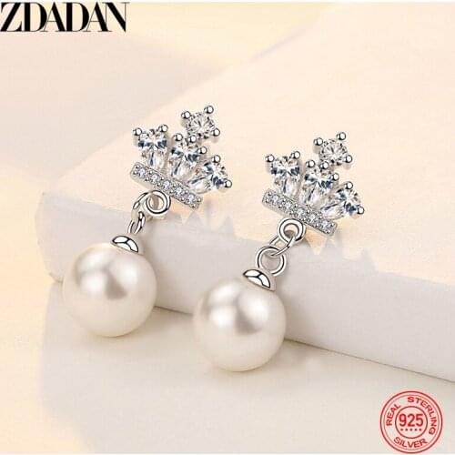 ZDADAN 925 Sterling Silver Crown Zircon Pearl Dangle Earrings For Women Charm Wedding Jewelry Accessories