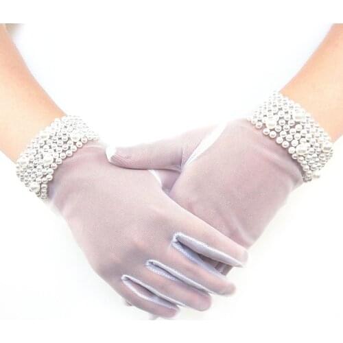 Women White Wedding Bridal Short Gloves Full Finger See Through Pearls Decor Wrist Length Costume Prom Party Solid Color