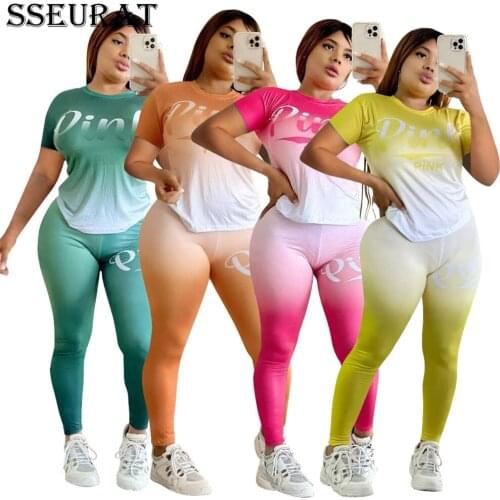SSEURAT Gradient Letter Pink Womens Set Classic T-shirt and Pants Sport Matching Two Piece Outfits Sweatsuit Summer