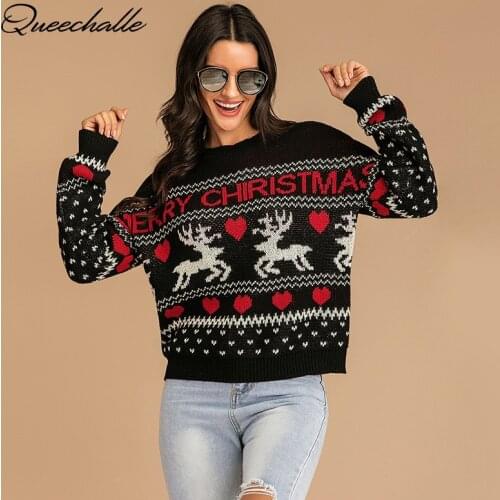 Autumn Winter Sweater Black Christmas Elk Print Knitted Pullover Womens Round Neck Long Sleeve Casual Jumper Tops Knit Sweater