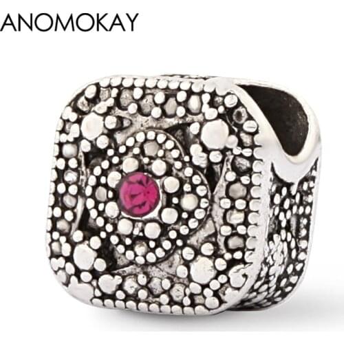 Anomokay Vintage Silver Color Square Rose Red Crystal Charm Jewelry fit Bracelet for Women Child DIY Jewelry Bangle 2 Pcs/Lot