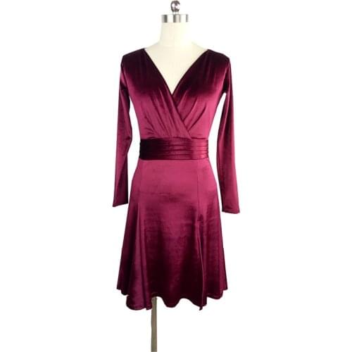 Red Latin Dance Dress Women Skinny Waist Belt V Collar Long Sleeve Ballroom Flamengo Practice Salsa Dress Stage Costume BL1354