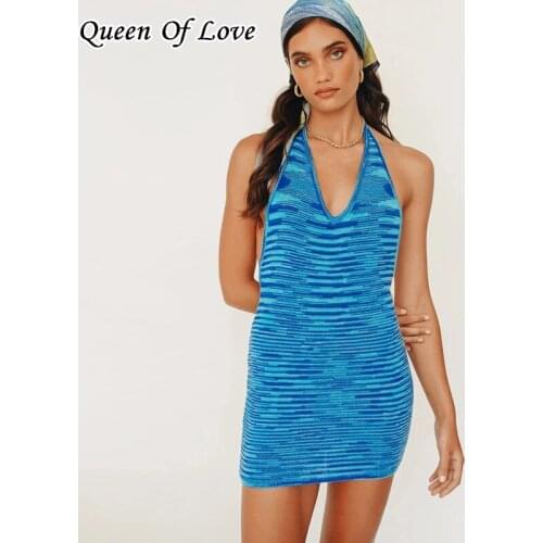 2021 Fashion Blue Knitted Halter Summer Dress Women Sexy Sleeveless Backless Mini Dress Ladies Bodycon Chic Beach Dress Vestiods