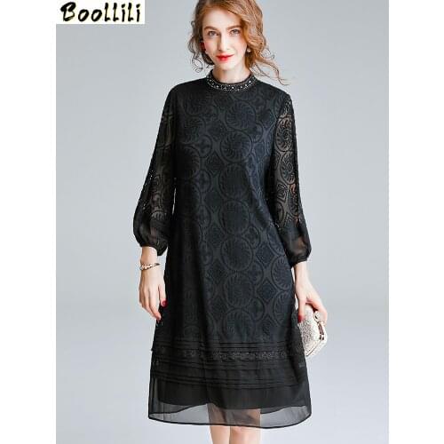 100% Real Silk Dress Women Clothes Spring Vintage Elegant Midi Dress 2020 Ladies Dresses Party Black Women Dress Vestidos