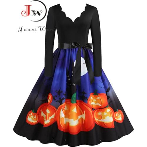 S~3XL Plus Size Women Halloween Dress Vintage Pumpkin Printed V-Neck Long Sleeve Swing Winter Party Festival Sundress