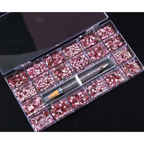 25model /box pink rhinestones nail stones with a dotting pen ,50pcs *25 style total 1000pcs ,big box nail supplier ZB35-3
