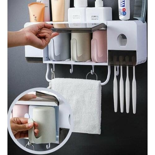 Automatic Toothpaste Dispenser Wall Mount Dust-proof Toothbrush Holder Wall Mount Storage Rack Bathroom Accessories Set Squeezer