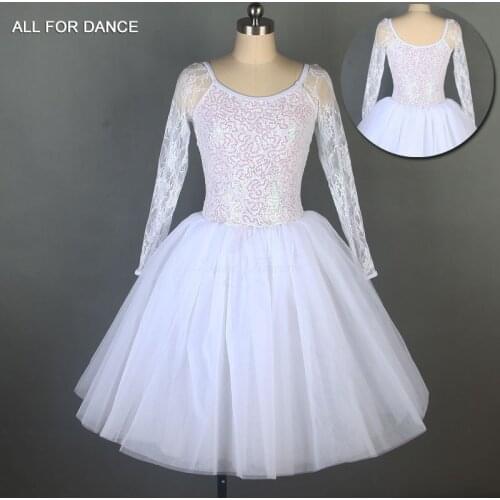 Long Lace Sleeve White Ballet Tutu Girl & Women Stage Performance Dance Costume Ballet Tutu