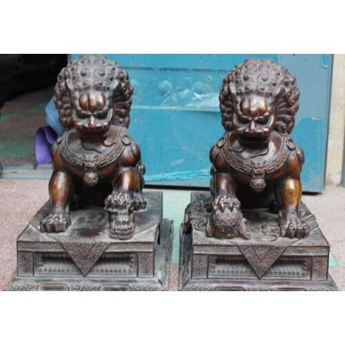 Bi001647 19"Chinese 100% Purple Bronze Guardian Foo Fu Dog Door Lion Kid Ball Statue Pair
