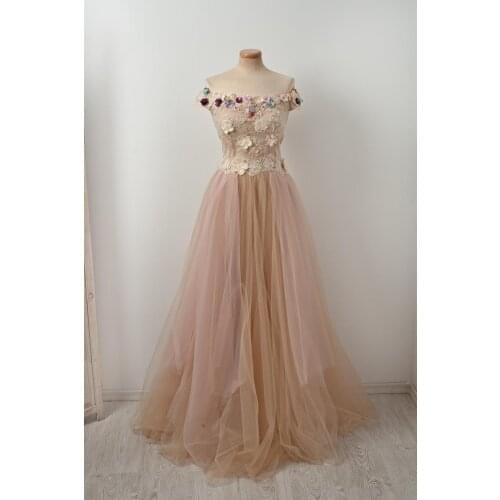 Champagne Appliques Flowers Prom Dresses 2021 Off Shoulder Formal Evening Party Dress vestidos de gala