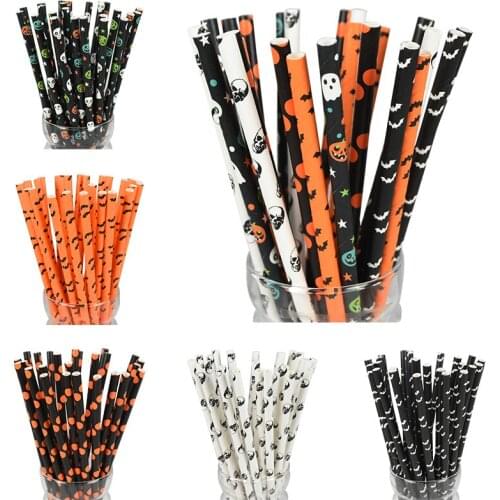25pcs Halloween Party Decor Paper Straws Skull Pumpkin Bat Ghost Disposable Drinking Straws For Festival Party Bar Supplies