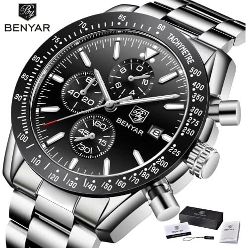 2021 New BENYAR Mens Luxury Watch Top Brand Quartz Wristwatch Mens Business Stainless Steel Wristband Waterproof Wristwatches