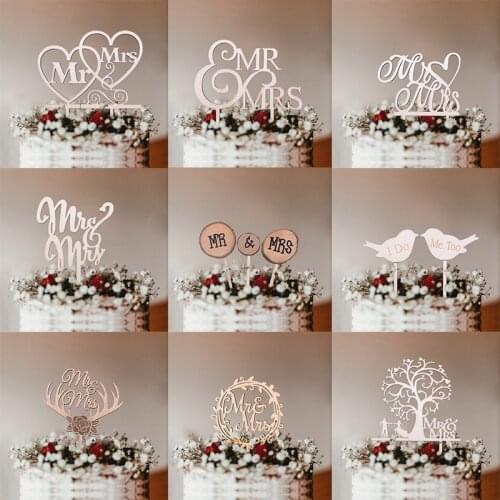 1pc Wooden MR MRS Cake Toppers Just Married Wood Ornaments Love Birds Wedding Cake Decoration Wedding Engagement Party Supplies