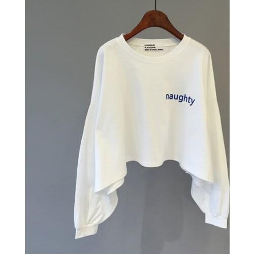 Long Sleeve Women T Shirt Hip Hop Letter Print Fashionable Cropped Tops New Spring Autumn Solid Color Loose T Shirt