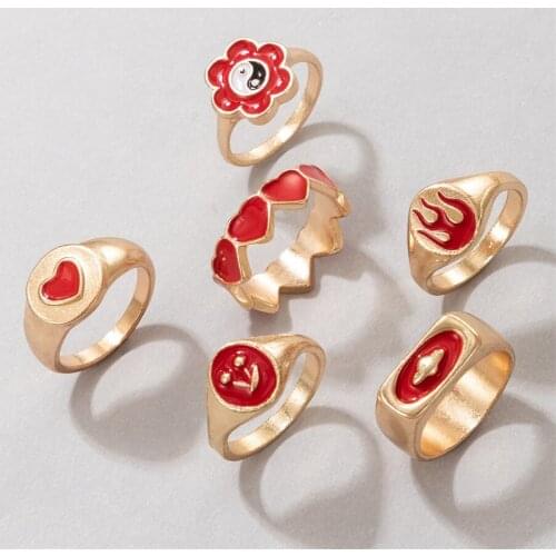 6Piece red engraved Tai Chi flower love ring fashion flame planet drop oil gold colour mens and womens ring Bohemian Jewellery