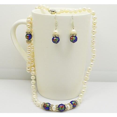 White Genuine Freshwater Pearl Necklace Bracelet Earrings Jewelry set Made With Rhinestne Blue Gem-stome Beads Magnet Clasp