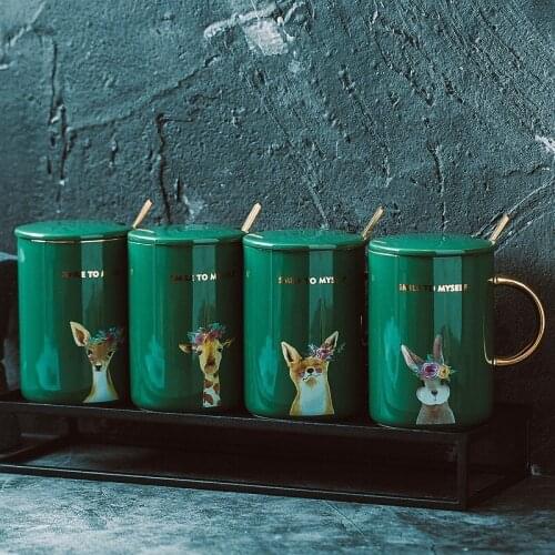 Nordic Gold Handle Animal Mugs With Lid Spoon Simple Creative Retro Ceramic Cup Personality Trend Coffee Green Glaze Cartoon Mug