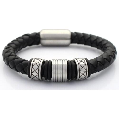 Men Bangles 8MM Genuine Braided Leather Bracelet Never Fade 316 Stainless steel Screw Charms Bead Bracelets with Magnet Clasp