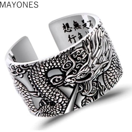 999 Sterling Silver Dragon Rings for Men Homme Vintage Open Ring Thai Silver Jewelry Cool Birthday Party Gift