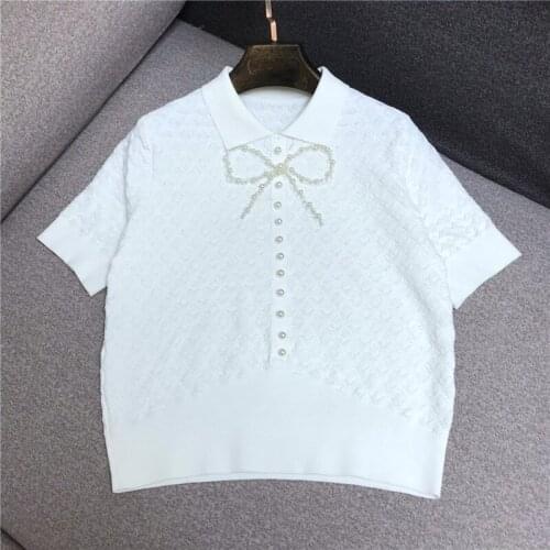 2021 Summer New Bead Bowknot Short-Sleeved Pullover Tees for Women Thin Knit Top Elelgants Woman Solid Color Knitted Tshirt