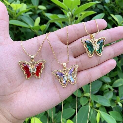 Gold-plated Copper Box Chain Necklace Butterfly Shape Smooth Glass/CZ Micro Insert Pendant Suitable For Party/Weddings Wear