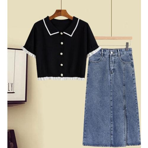 Plus Size Womens Summer 2021 New Retro Womens Short-sleeved Top + Denim Skirt Two-piece Suit