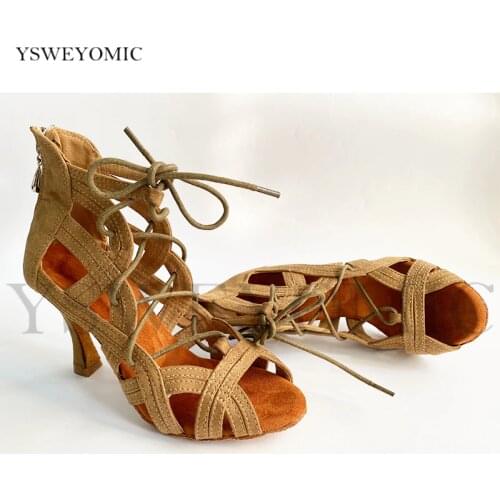 Women Latin Dance Shoes Brown Color Flannel Heels 5-10cm Super Comfort Latex Pad Thicker Soft Insole Latin Salsa Dancing Shoes