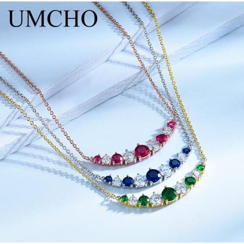 UMCHO Rose Gold Color Chain Created Nano Ruby Necklace Pure 925 Sterling Silver Chain For Womn Birthday Day Gift Fine Jewelry