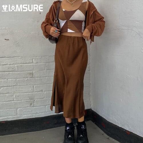IAMSURE Elegant Split Satin Long Skirt Vintage Slim Solid High Waisted Mid-Calf Straight Skirts Women 2021 Fashion Streetwear