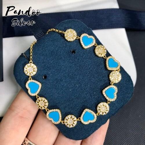 Yellow Silver Heart & Sun Adjustable Bracelet Gift For Women With Logo,High Quality S925 Sterling Silver Jewelry 1:1 Copy