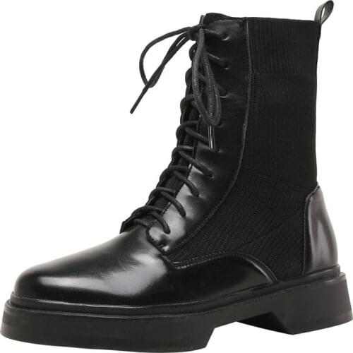 2022 New Platform Combat Boots Leather Patchwork Sock Winter Ankle Booties Female Shoes Brand Quality Plus Size 42 41 43