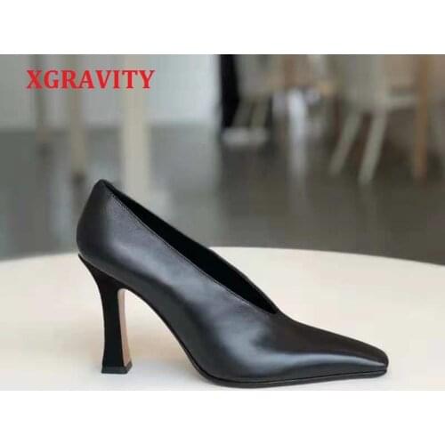 XGRAVITY Ladies Vintage Chunky Female High Heel Pumps Sexy Cow Leather Women Square Toe Heels Lady Fashion Shoes Hot Sales A112