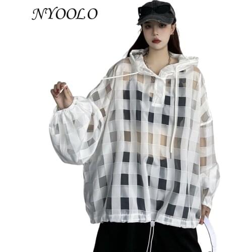 NYOOLO Casual Organza Plaid Patchwork Drawstring Oversized Hooded Pullovers Jacket Women Sun Protection Clothing Summer Outwear