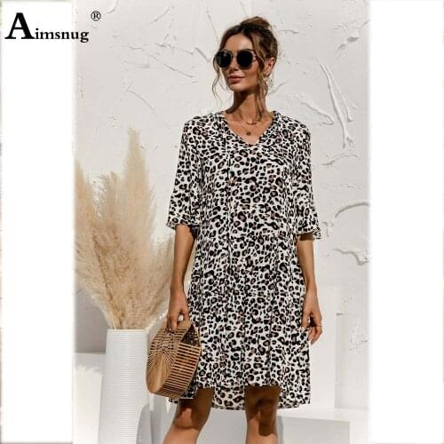 Women Elegant Lesiure Casual Leopard Print Dress Summer Knee-Length Beach Dress 2021 Plus size Ladies Bohemian A-line Dresses