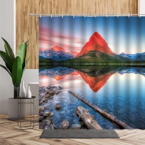 3DColorful Mountain Peaks Water Reflections Landscape Shower Curtains Natural Scenery Waterfalls Lakes Waterproof Bath Curtains
