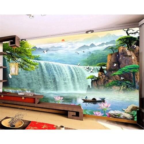 3d Home Wallpaper Large waterfall Flying Bird Lotus Beautiful Landscape 3d Decorative Environmental Protection Wall Paper