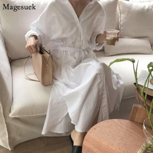 Long Sleeve White Shirt Dress Women 2021 Spring Turn Down Collar Long Dresses Single Breasted Sashes Woman Dress Vestidos 12806