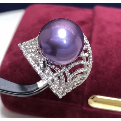 Fine Jewelry 14K White Gold Natural Fresh Water Purple 12-13mm Peals Rings for Women Fine Pearls Rings
