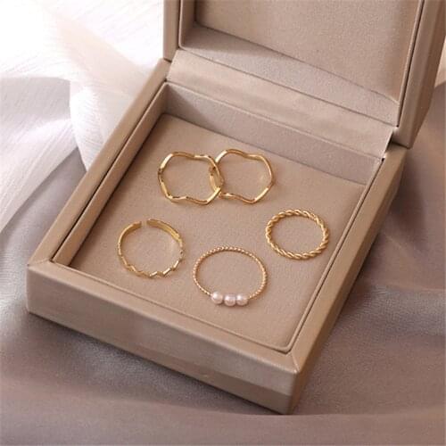 5 Piece Ring Set Fashion Geometric Copper Round Pearl Index Finger Rings for Women Wedding Jewelry Accessories