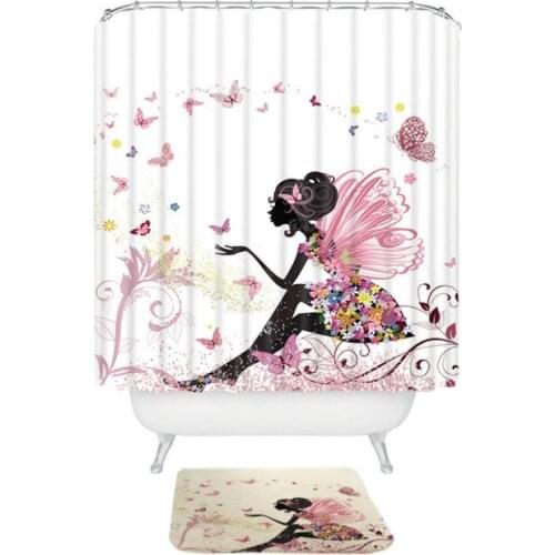 Beauty Fairy Pattern Shower Curtain Set Waterproof Polyester Fabric Bath Curtain for Bathroom with Non-slip Floor Mat