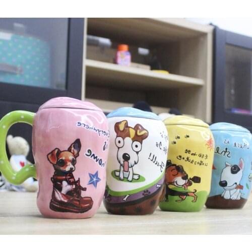Creative Cartoon Dog Milk Mugs Large Capacity Ceramic Cup With Lid spoon Cute style hand-painted Color Cup and Mug For Child