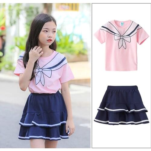 Girls Summer Clothing Set for Big Kids Bowknot Shirt Top with Ruffle Skirt Beach Princess Outfit Suit JYF