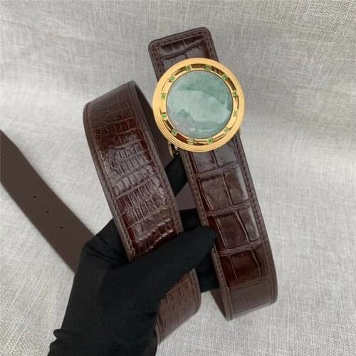 Fancy Designer Authentic Real Crocodile Belly Skin Jadeite Emerald Buckle Mens Waist Strap Genuine Alligator Leather Male Belt