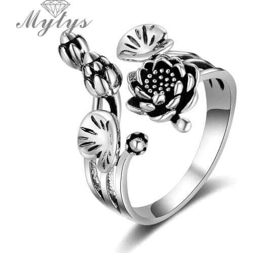 Mytys Open Cuff Adjustable Size Ring Size 8 9 10 11 Old Silver Retro Grey Black Jewelry Flower Fashion Antique Design R2120