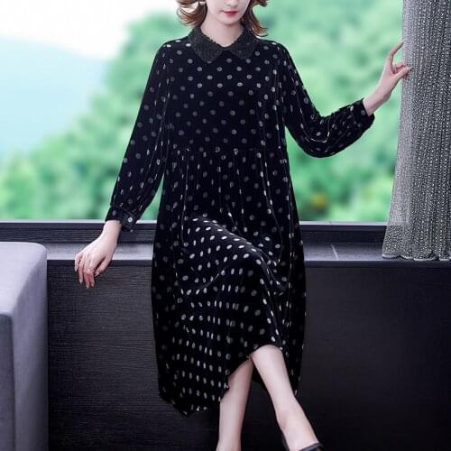 Autumn Winter Black Elegant Gold Velvet Dress Women Korean Vintage Loose Polka Dot Midi Dress 2021 Bodycon Casual Party Vestidos