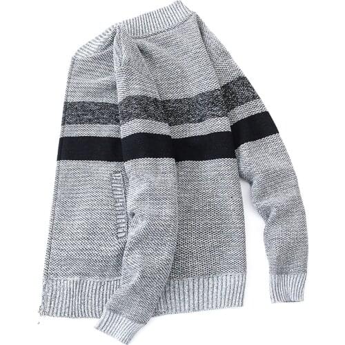 Fashion striped knit autumn/winter men with fleece and heavy wool sweater warm casual long sleeve jacket zipper cardigan