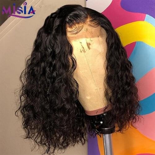 MISIA 4x4 Lace Closure Wig Bob Curly Human Hair Wig 8-16 Inches Brazilian Water Wave Wig For Black Women 150% Density Remy Hair