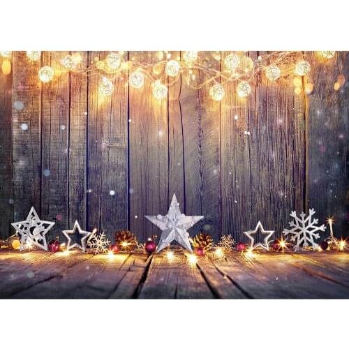 Christmas String Lights Stars Wooden Board Photo Backdrop Vinyl Cloth Photography Background for Children Baby Shower Photobooth