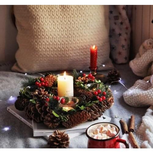 Christmas Candle Holders Pine Cone Berries Woodland Rustic Xmas Decor Table Centerpiece Christmas Wreath with Four CandleHolder