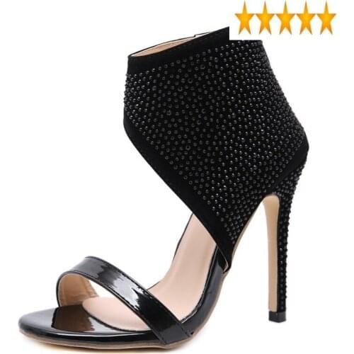 Sexy Thin Black Women Summer Boots Rhinestone Open Toe Hollow Sandals Gladiator High Heel Shoes Sandalias Mujer